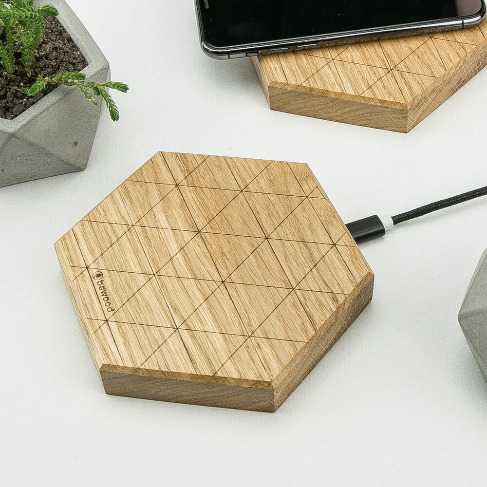 Ładowarka indukcyjna Bewood Slim Hexagon QI 15W Dąb