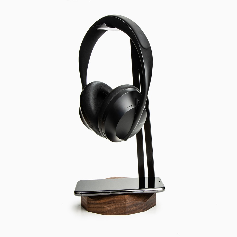 Wood Headphone Stand with QI Charger 15W - Black - Walnut