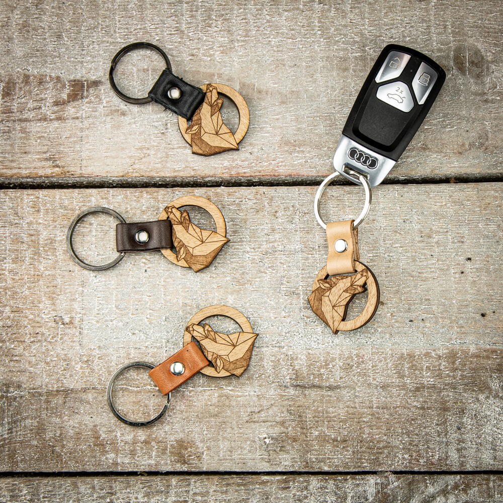 Wooden Keychain Leather Geometric Wolf Anigre