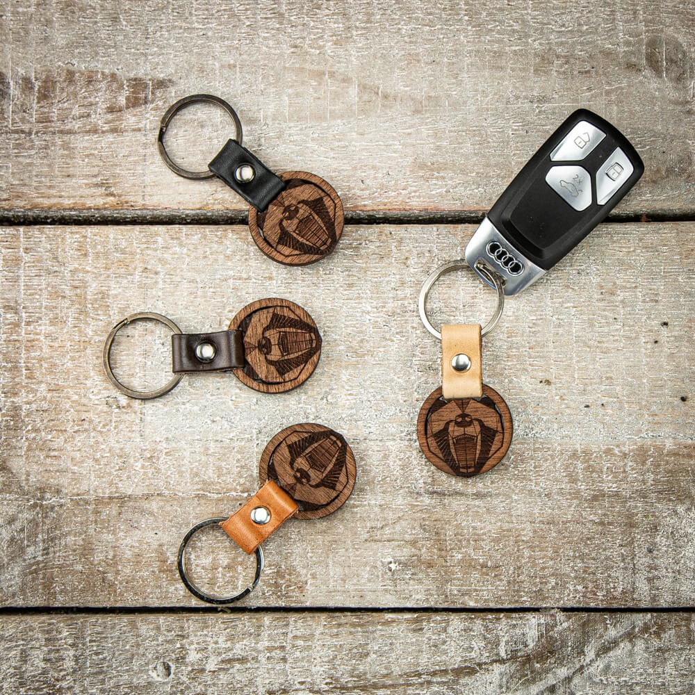 Wooden Keychain Leather Geometric Bear Merbau