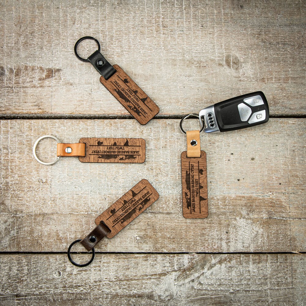 Wooden Personalized Leather Map Keychain Plus Your Text Merbau