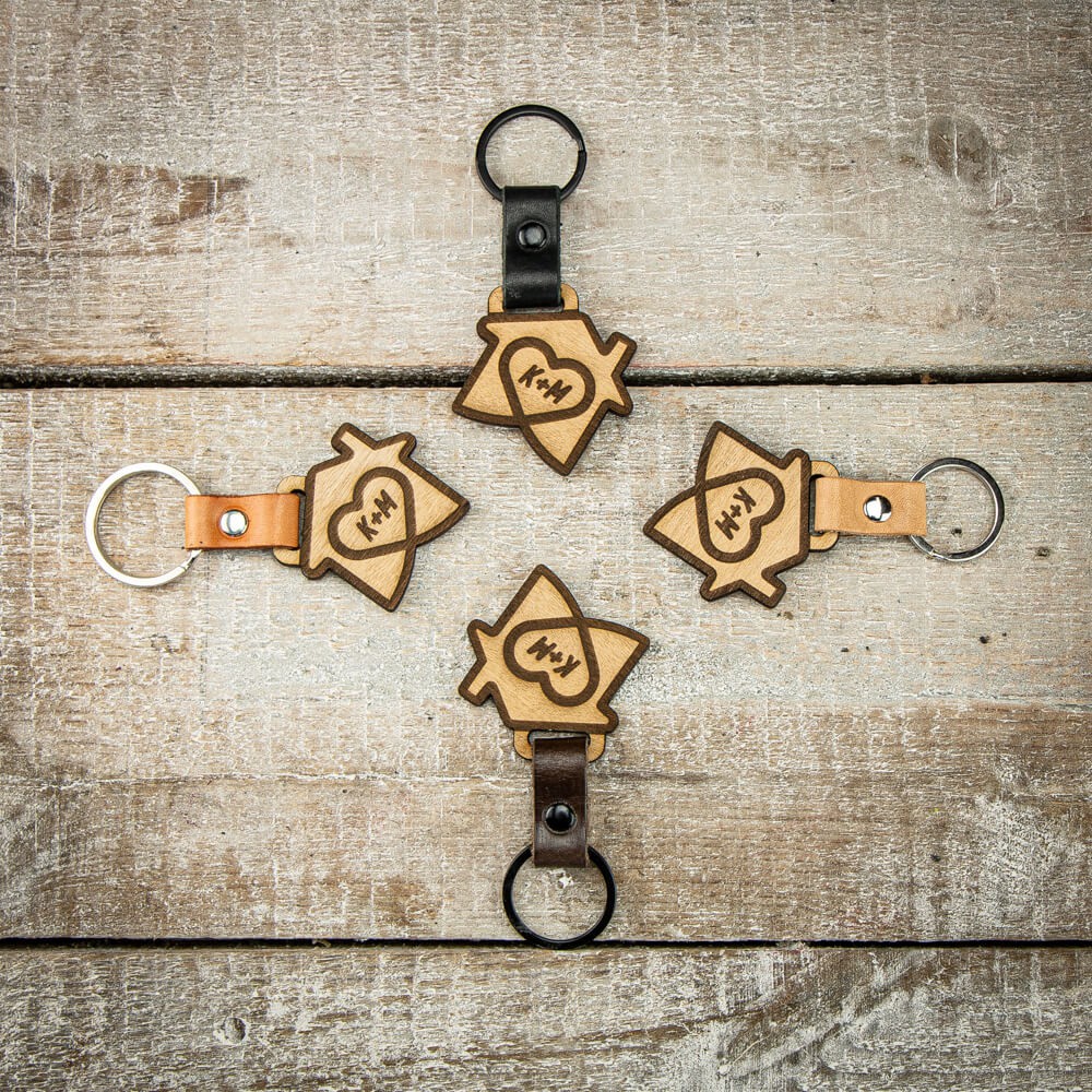 Wooden Personalized Leather Keychain House Plus Initials Anigre