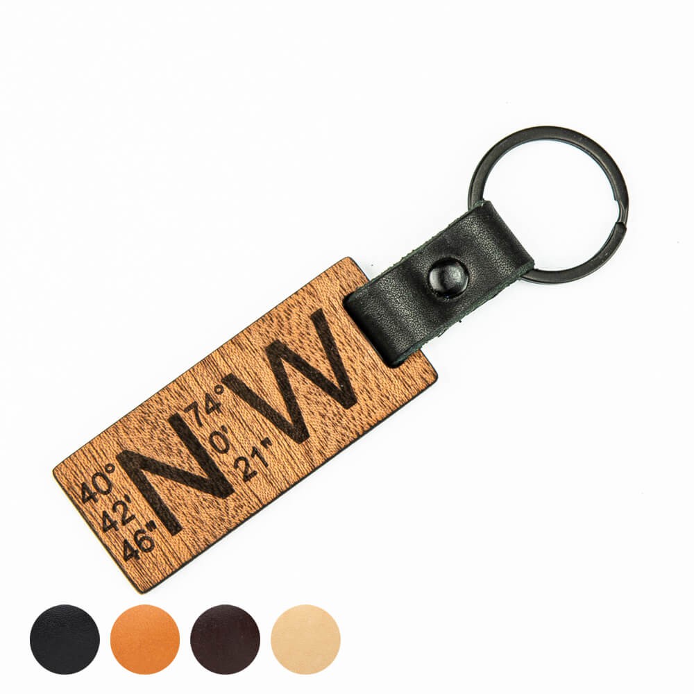 Drewniany Personalizowany Brelok Leather Koordynaty Merbau