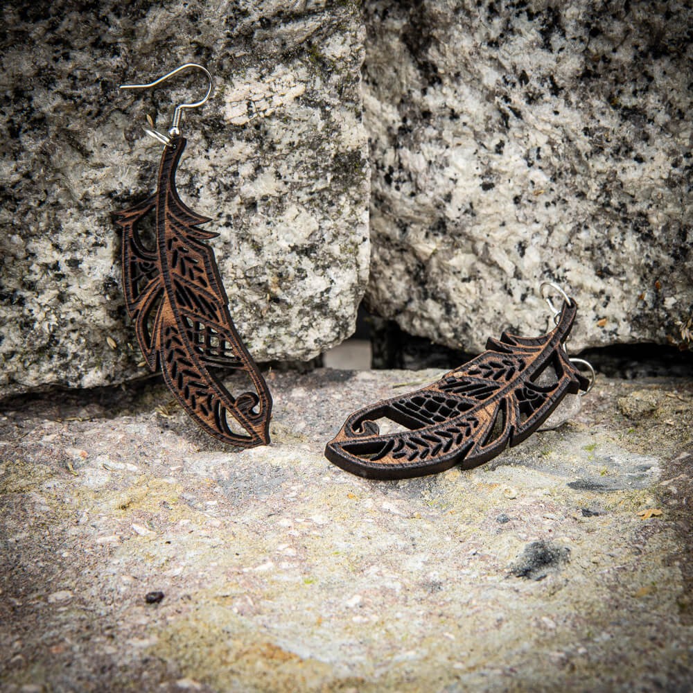 Wooden earrings FEATHER Merbau