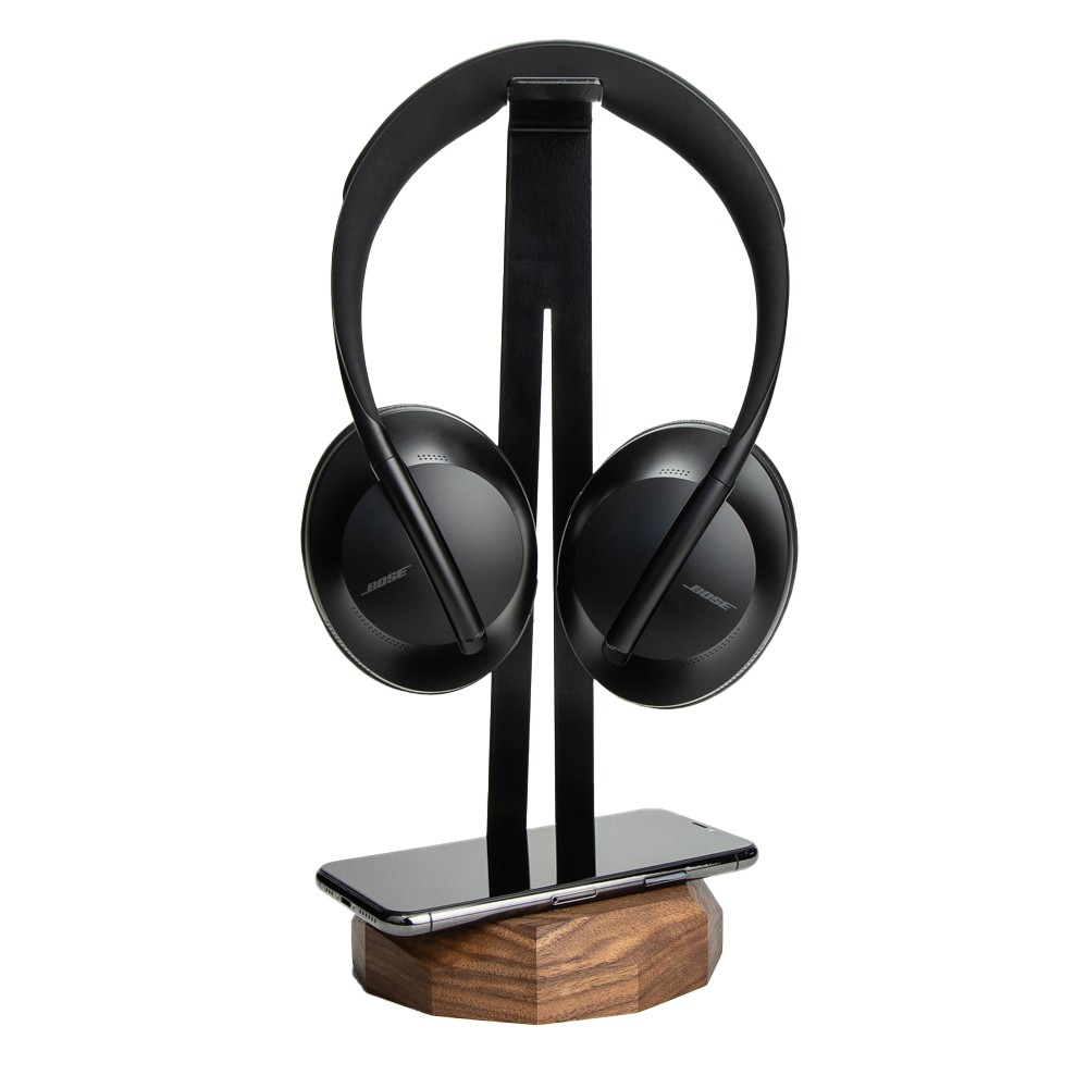 Wood Headphone Stand with QI Charger 15W - Black - Walnut