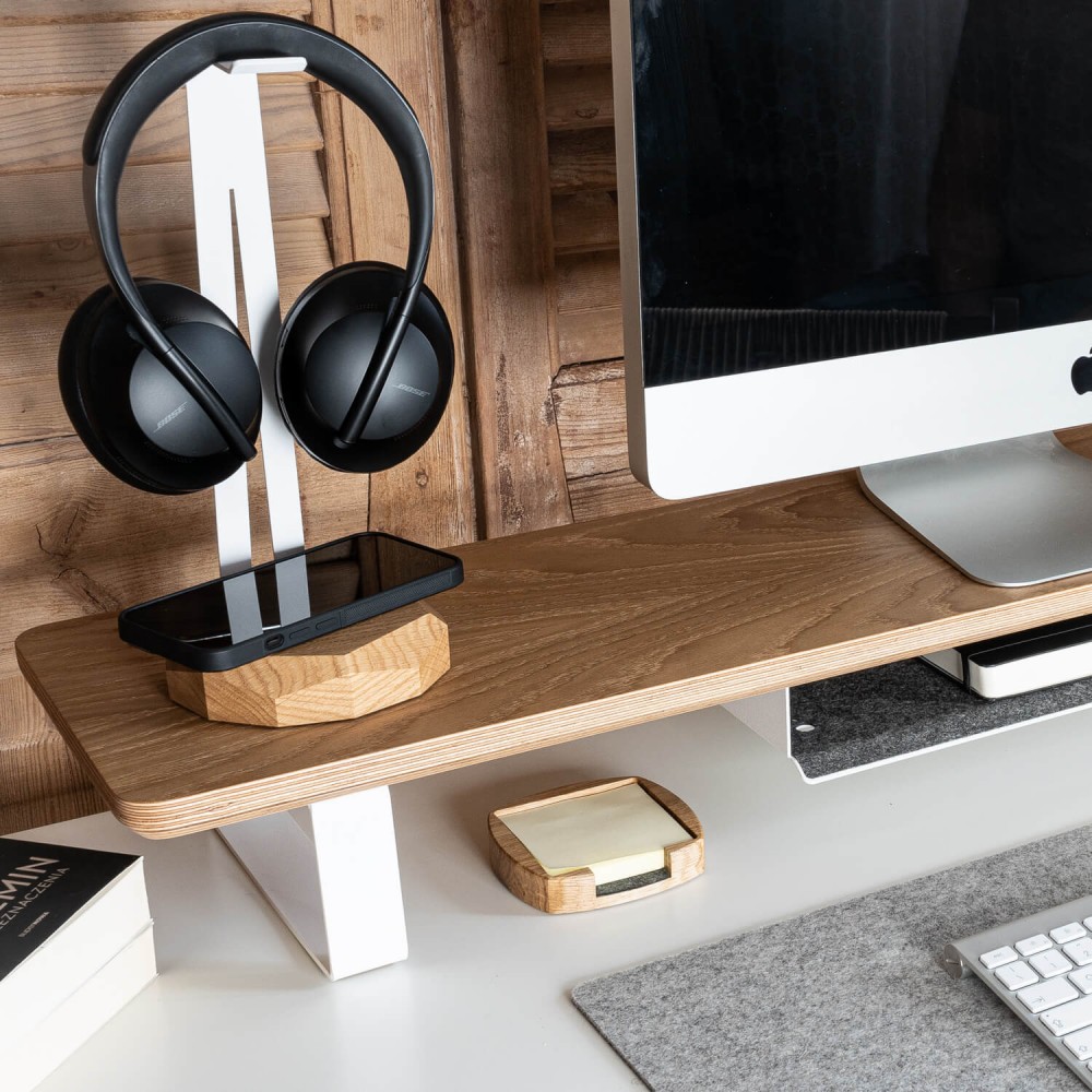 Wood Headphone Stand with QI Charger 15W - White - Oak