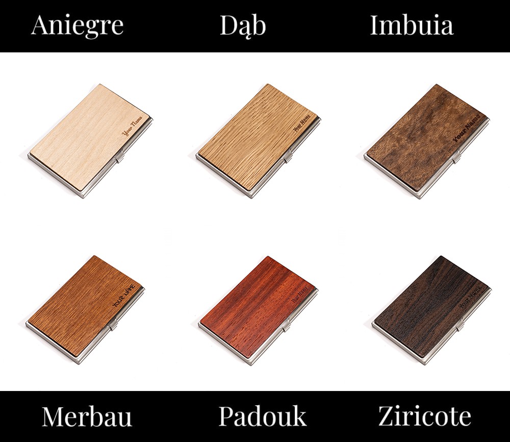 Personalizowany Wizytownik Drewniany Inox - Twój Napis - Zaprojektuj