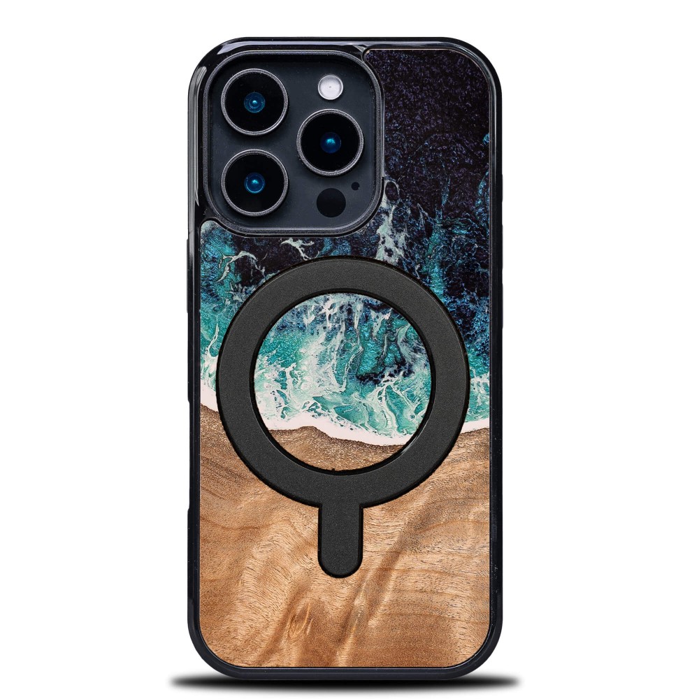 Bewood Unique Dream Island, elegancki drewniany case, funkcjonalne magnesy MagSafe, ochrona telefonu, niebiesko-brązowy