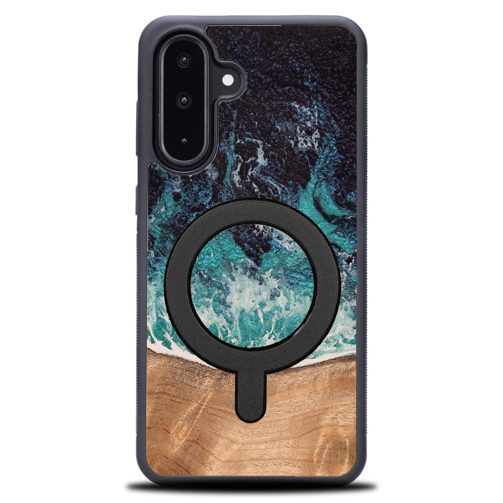 Bewood Unique Dream Island, elegancki drewniany case, funkcjonalne magnesy MagSafe, ochrona telefonu, niebiesko-brązowy
