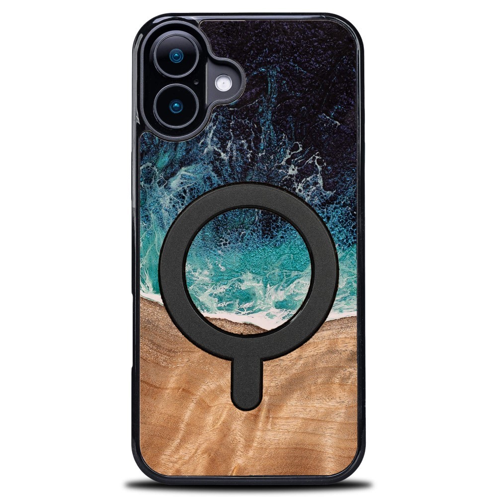 Bewood Unique Dream Island, elegancki drewniany case, funkcjonalne magnesy MagSafe, ochrona telefonu, niebiesko-brązowy