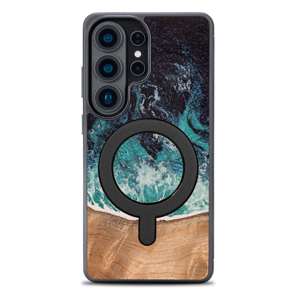 Bewood Unique Dream Island, elegancki drewniany case, funkcjonalne magnesy MagSafe, ochrona telefonu, niebiesko-brązowy