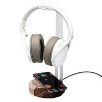 Wood Headphone Stand with QI Charger 15W - White - Walnut