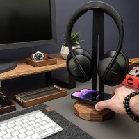 Wood Headphone Stand with QI Charger 15W - Black - Walnut