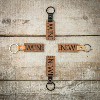 Wooden Personalized Leather Keychain Coordinates Merbau