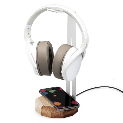 Wood Headphone Stand with QI Charger 15W  White  Oak