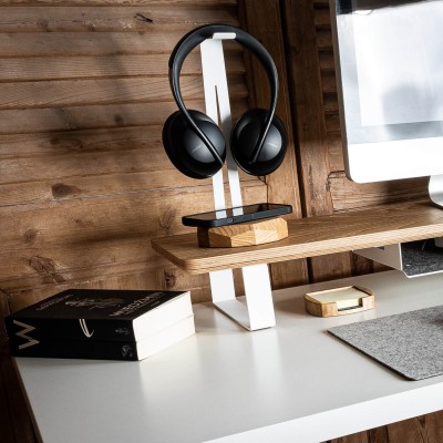 Wood Headphone Stand with QI Charger 15W  White  Oak