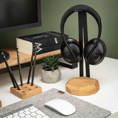 Wood Headphone Stand Geometric  Black  Oak