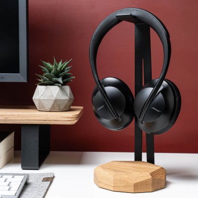 Wood Headphone Stand with QI Charger 15W  Black  Oak